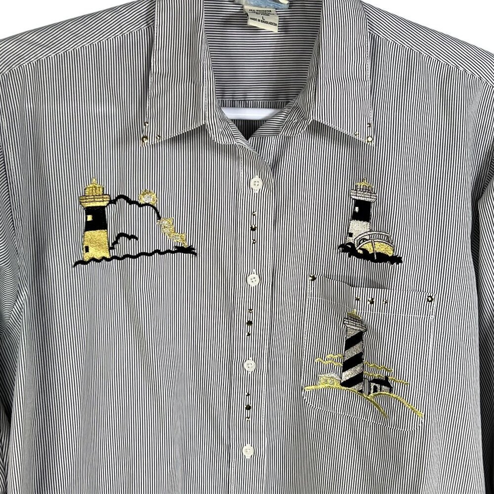 Las Olas Women Shirt L Lighthouse Embroidered Rhinestones Striped Nautical Artsy